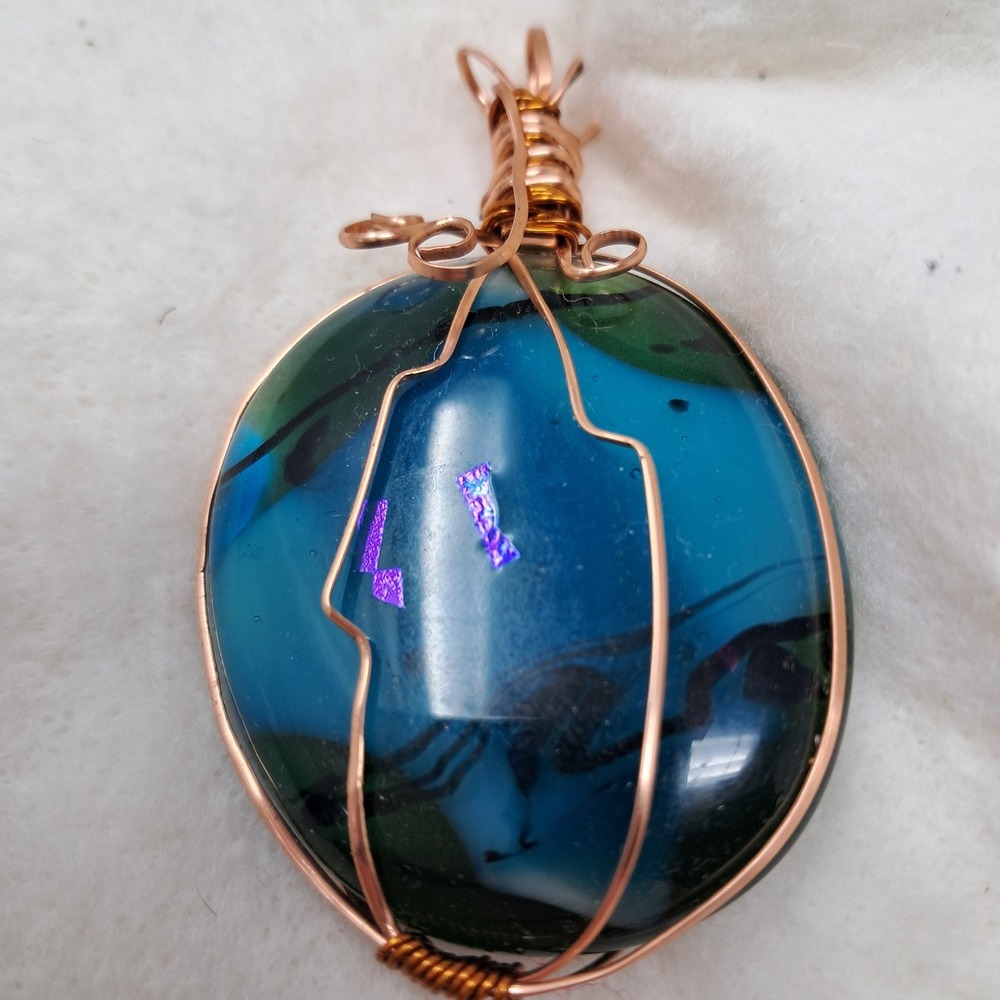 Copper‎ Wire Wrapped Blue Glass Pendant Unique Iridescent Dichroic